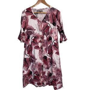 Flax Designs Hydrangea Dress Night Duster Floral 100% Linen P XS 4-6